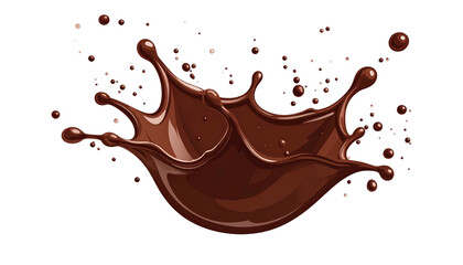 A dynamic splash of rich, dark chocolate with smaller droplets and bubbles against a solid black background