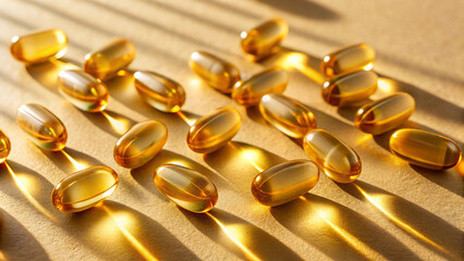 Close up of golden omega 3 capsules on a beige surface in sunlight