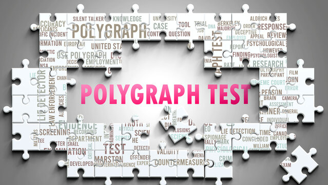 Polygraph Test as a complex subject, related to important topics. Pictured as a puzzle and a word cloud made of most important ideas and phrases related to polygraph test. ,3d illustration