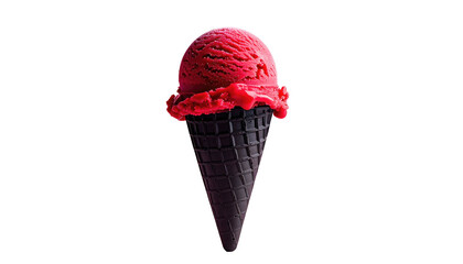 Red ice cream scoop on a dark cone against a black background. Yummy!