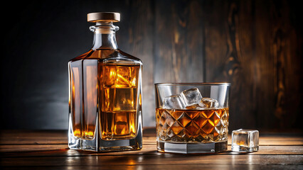 Whiskey bottle and glass with ice on a dark wooden surface background