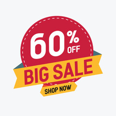 A red and yellow circular badge with 60 off big sale shop now text isolated on white background