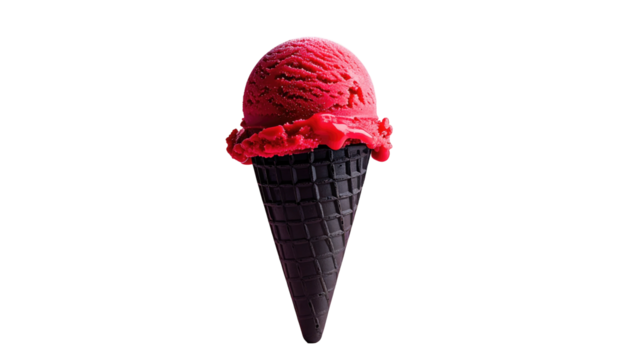 Red ice cream scoop on a dark cone against a black background. Yummy!