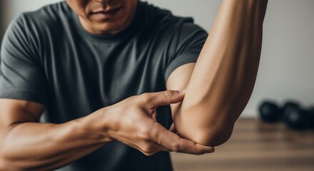 A man holds his elbow in pain, showing symptoms of tennis elbow &mdash; a common overuse injury affecting athletes and active individuals.