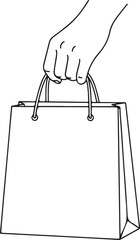 Hand holding shopping bag, retail purchase concept, minimalist line art, consumer lifestyle, isolated on white background.