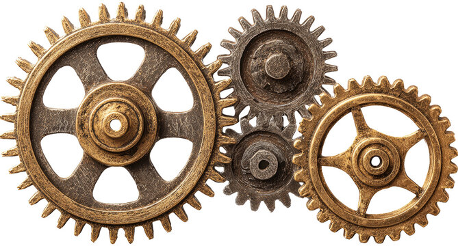 Interlocking gears, close-up view. Aged, bronze-toned metal cogs meshing, illustrating complex mechanism