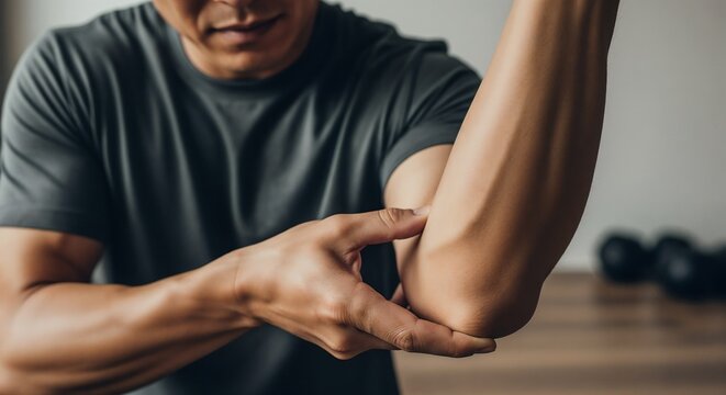 A man holds his elbow in pain, showing symptoms of tennis elbow &mdash; a common overuse injury affecting athletes and active individuals.