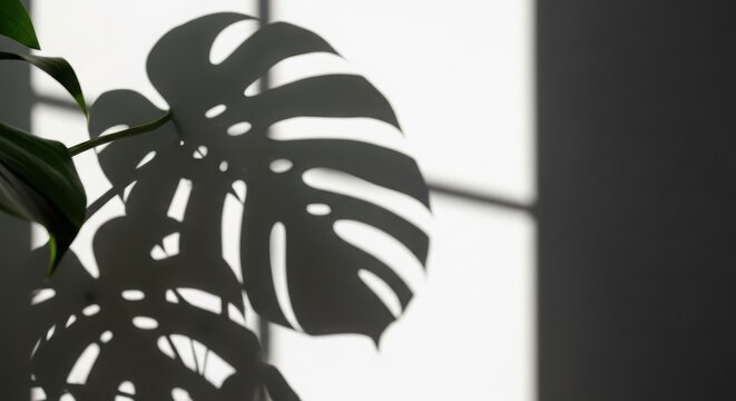 Monstera leaf casting shadows on a white wall, creating a minimalist and modern aesthetic with natural light and plant silhouette
