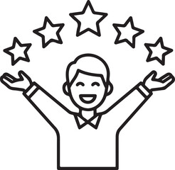 Happy customer with stars above head, satisfaction concept, minimalist line art, isolated on white background.
