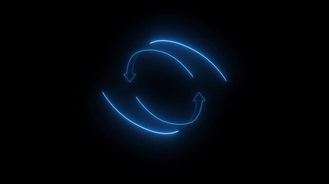 Glowing Neon Blue Refresh, Update, or Recycle icon Animation in Black Background 