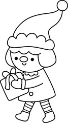 Vector black and white cartoon Christmas elf in hat holding present clipart. Cute new year symbol gnome illustration for kids. Winter holiday dwarf with gift line icon, coloring page