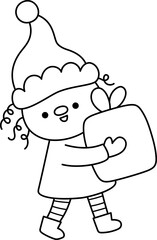 Vector black and white cartoon Christmas elf in hat holding present clipart. Cute new year symbol gnome illustration for kids. Winter holiday dwarf with gift line icon, coloring page
