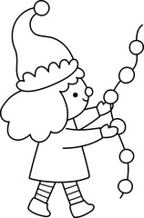 Vector black and white cartoon Christmas elf girl in hat with garland clipart. Cute new year symbol gnome illustration for kids. Winter holiday dwarf line icon, coloring page