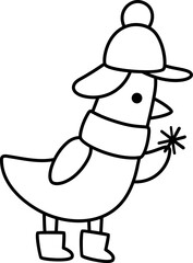 Fototapeta premium Vector black and white cartoon bird in warm hat looking at snowflake. Christmas animal clipart. Cute new year goose illustration for kids. Winter holiday line icon or coloring page