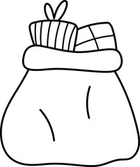 Plakat Vector black and white cartoon Santa Claus sack with Christmas presents. Cute winter Father Frost bag illustration. New Year pouch with gifts. Funny holiday line icon, coloring page