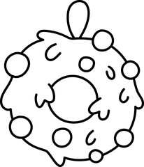 Vector black and white Christmas wreath decorated with balls. Cute winter door decoration illustration. New Year symbol home decor. Funny cartoon holiday line icon or coloring page