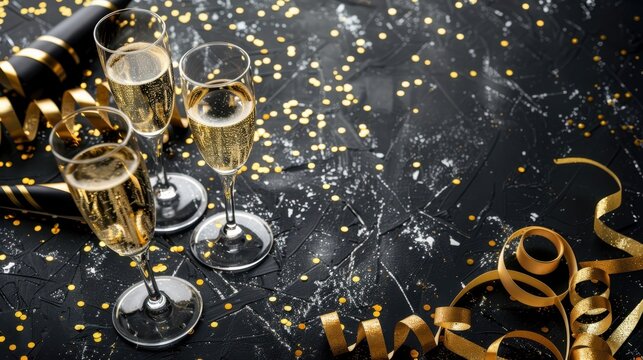 Four champagne glasses are on a table with gold confetti