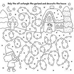 Christmas village black and white maze with elf decorating house with garland. Line labyrinth game with dwarf untangling lights and ornaments. Winter holiday printable activity, coloring page