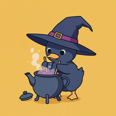 Cartoon Duck Witch Brewing Potion in a Cauldron on Yellow Background for Halloween