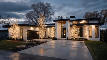 Modern home exterior with winter lighting