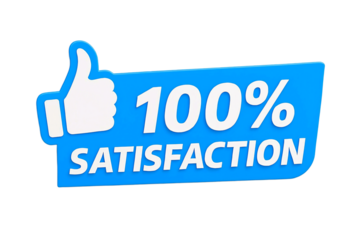 Blue 100 percent satisfaction guarantee badge with thumbs up icon isolated on transparent background
