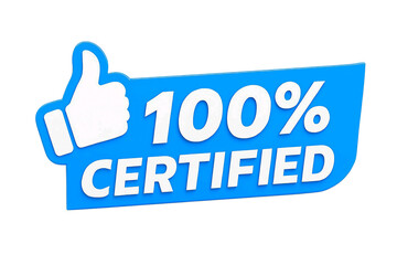 Blue 100 percent certified badge with thumbs up icon isolated on transparent background