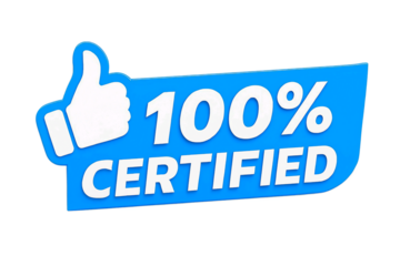 Blue 100 percent certified badge with thumbs up icon isolated on transparent background