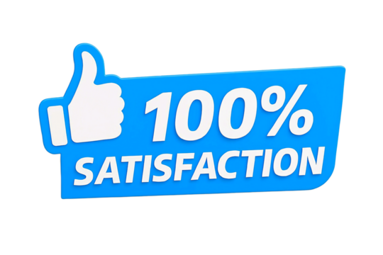 Blue 100 percent satisfaction guarantee badge with thumbs up icon isolated on transparent background