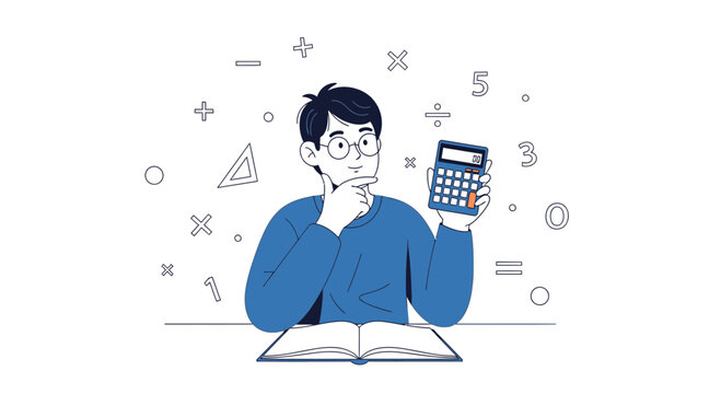 Young Man Pondering Complex Equations While Holding a Calculator for Calculations