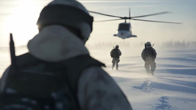 Marching to Duty: A military squadron traverses a frozen expanse towards the horizon under a cold sky and a watchful helicopter. A moment of resolute determination and duty.