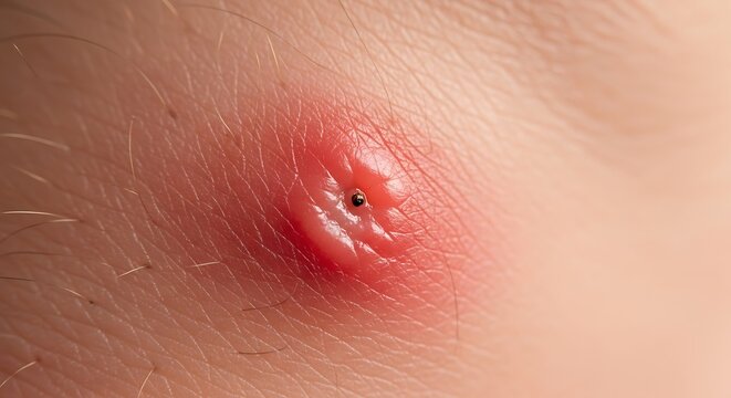 Close-up of a skin abscess with redness and inflammation.
