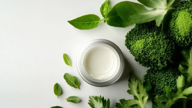 Herbal Skincare Ingredients: A luxurious cream, encircled by an array of verdant herbs and leaves, epitomizes the essence of natural skincare and wellness. 