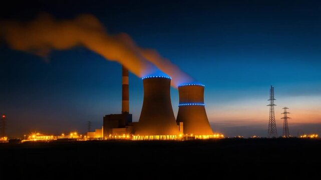 Power Plant Silhouette at Dusk: Towering industrial structures belch plumes of smoke against a dusky, twilight sky. A symbol of industry and progress.
