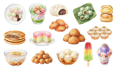 Watercolor Asian and Southeast Desserts Sweet Food Collection