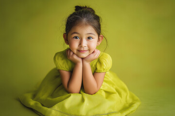 Young girl smiling while posing in a bright green dress indoors  