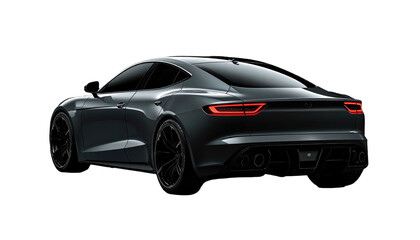 Obraz premium Sleek, dark gray sedan seen from the rear, showcasing its modern lines against a dark background