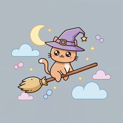 Cute Cartoon Cat Wearing a Witch Hat Flying on a Broomstick Under a Crescent Moon and Clouds