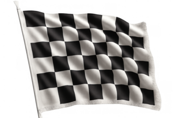 Checkered flag waving, representing winning, speed, and competitive success in racing events. Transparent background
