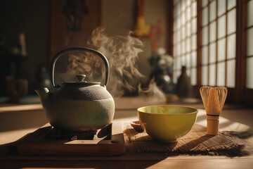 Traditional tea setup with teapot and bowl in warm light  