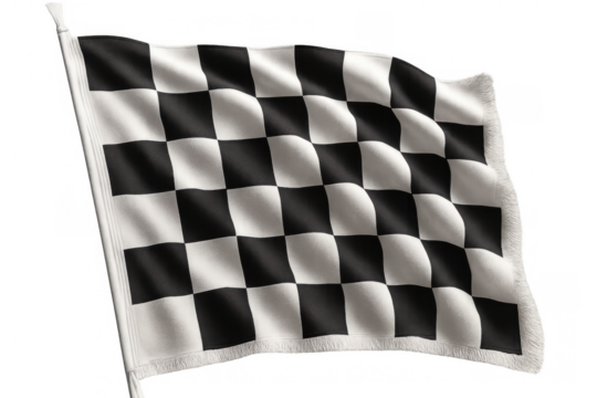 Checkered flag waving, representing winning, speed, and competitive success in racing events. Transparent background