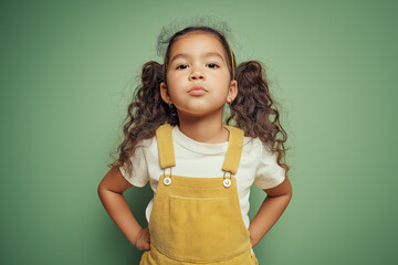 Confident young girl with curly hair posing in yellow overalls against green background  