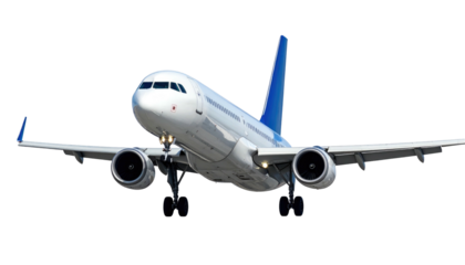 Aeroplane isolated on black, preparing for landing with its landing gear down and illuminated lights.