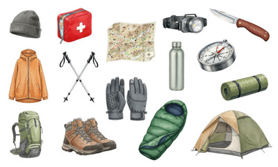 Watercolor Hiking and Trekking Tourist Gear Collection Set