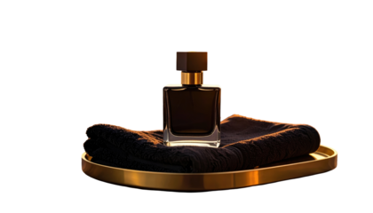 Dark glass bottle sits atop a folded black towel on a gold tray against a dark background with subtle lighting