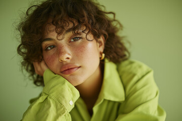 Young woman with curly hair resting her chin on hand in green room  