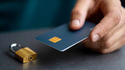 A person is holding a credit card with an embedded chip and next to it sits a padlock on the table, symbolizing security measures for online transactions