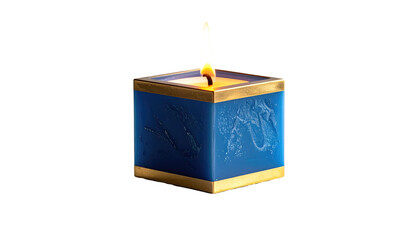 Square blue candle with golden trim burns against a black background, emitting a warm, flickering flame