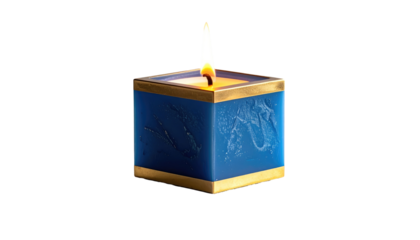 Square blue candle with golden trim burns against a black background, emitting a warm, flickering flame