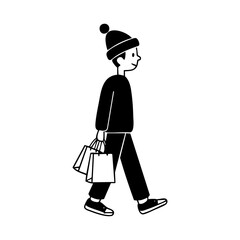Young person walking with shopping bags in hand, capturing the mood of winter holiday shopping and seasonal consumerism.