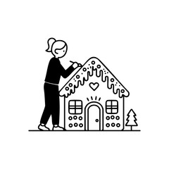 Woman decorating a gingerbread house with icing, representing Christmas baking, creativity, and holiday family traditions.